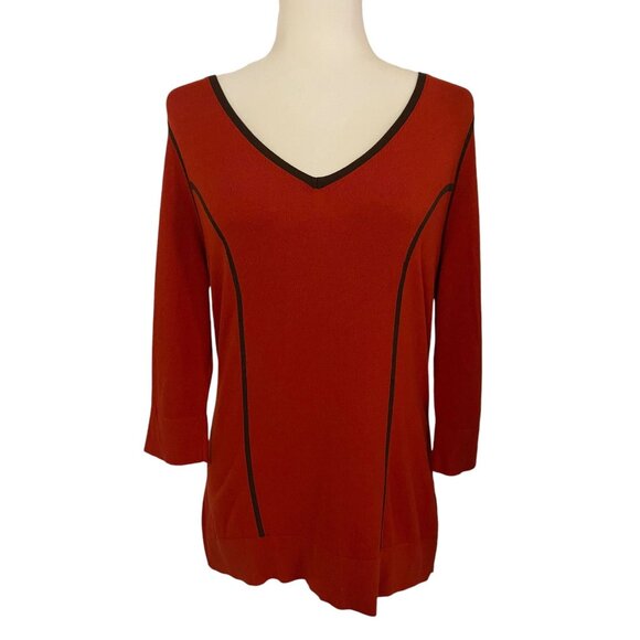 Nine West XL Orange V-Neck Top With Brown Piping Detail - Picture 1 of 1